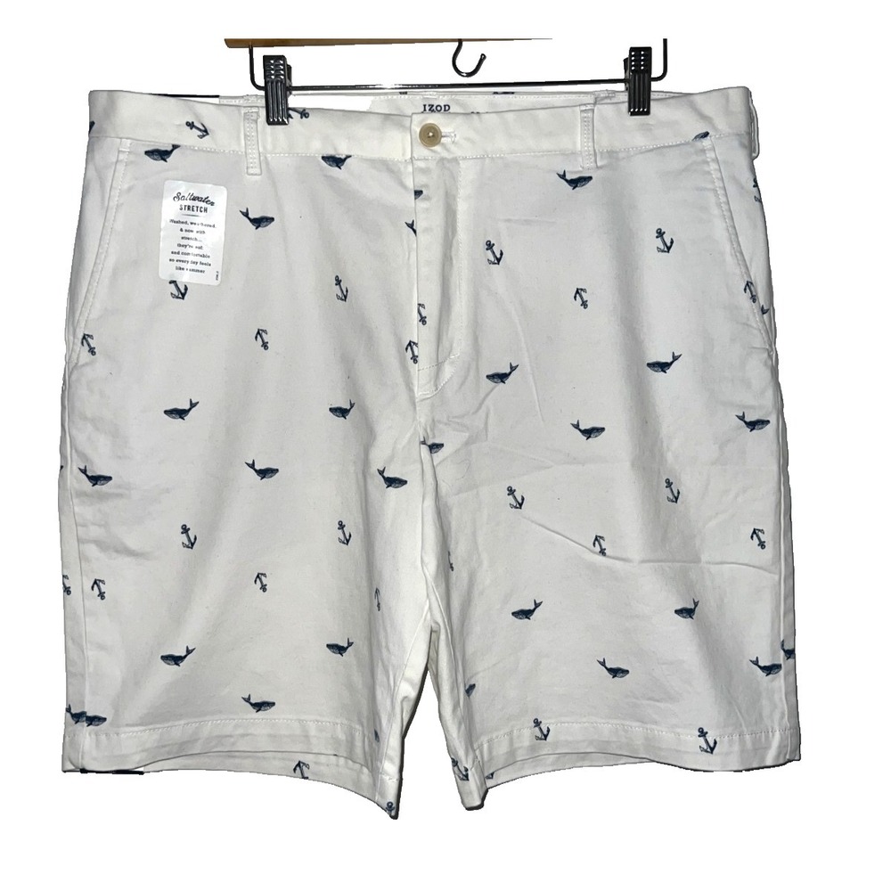 IZOD NEW Saltwater Whale Anchor Print Stretch Shorts Men Size 38 White Blue